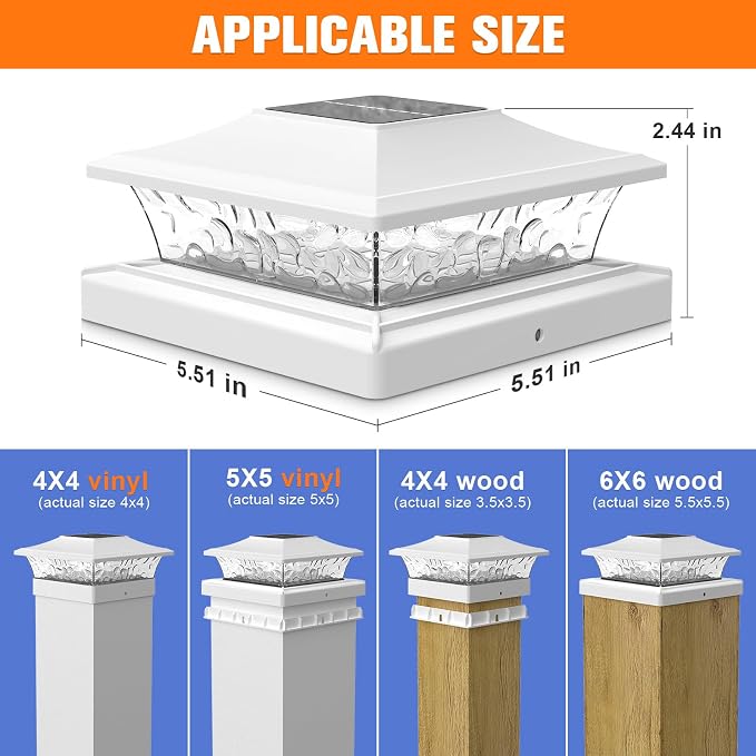 APONUO Solar Post Cap Lights with 8 RGB Solid Colors & Multicolor Flow - 4 Pack Fence Post Solar Lights, IP65 Waterproof - Fits 4x4 5x5 6x6 Wood & Vinyl Posts - White