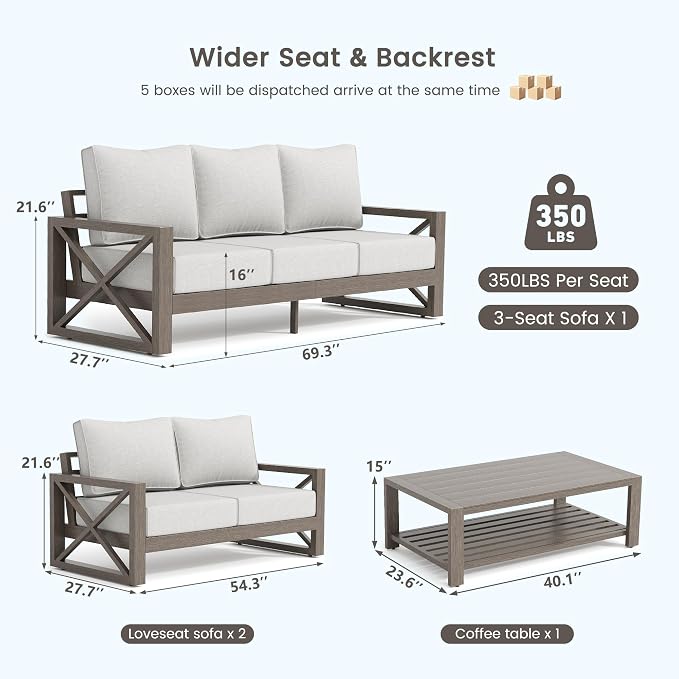 UDPATIO Aluminum Patio Furniture Set, Faux Wood Grain Modern Outdoor Furniture, 6" Cushions Metal Patio Conversation Sofa with Coffee Table for Poolside Porch, 8 PCS, Beige(Include 600D Covers)