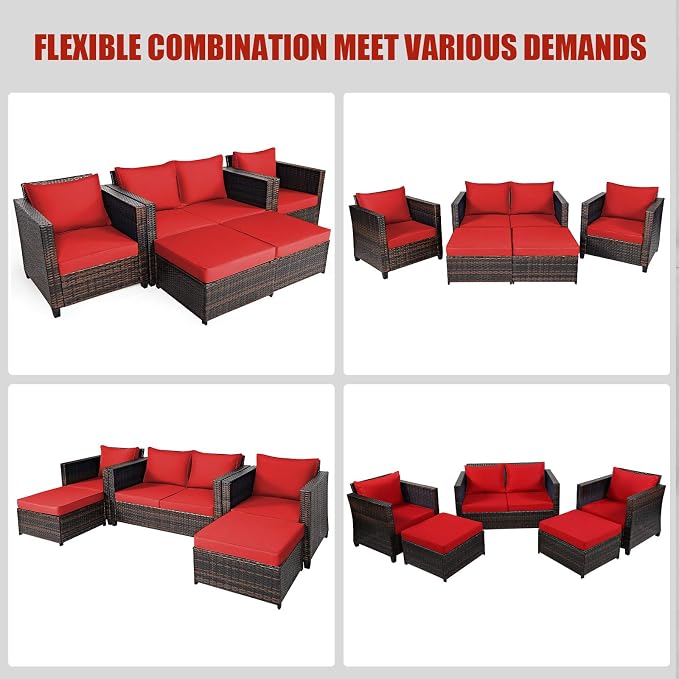 Tangkula 5 Pieces Patio Wicker Furniture Set, Outdoor Rattan Sofa Set with Loveseat, 2 Single Sofas, 2 Ottomans & Removable Cushions, Sectional Daybed Sofa Set for Yard, Garden, Poolside, Red