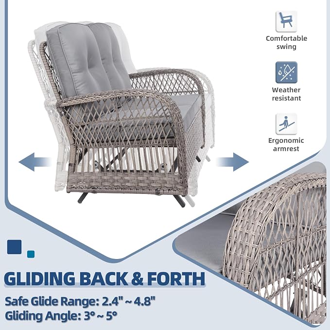5-Piece Wicker Patio Furniture Sets Outdoor All-Weather Rattan Conversation Set Includes Glider Loveseat, 2 Glass-Top Coffee Tables, 2 Rocking Chairs for Porch Backyard, Gray