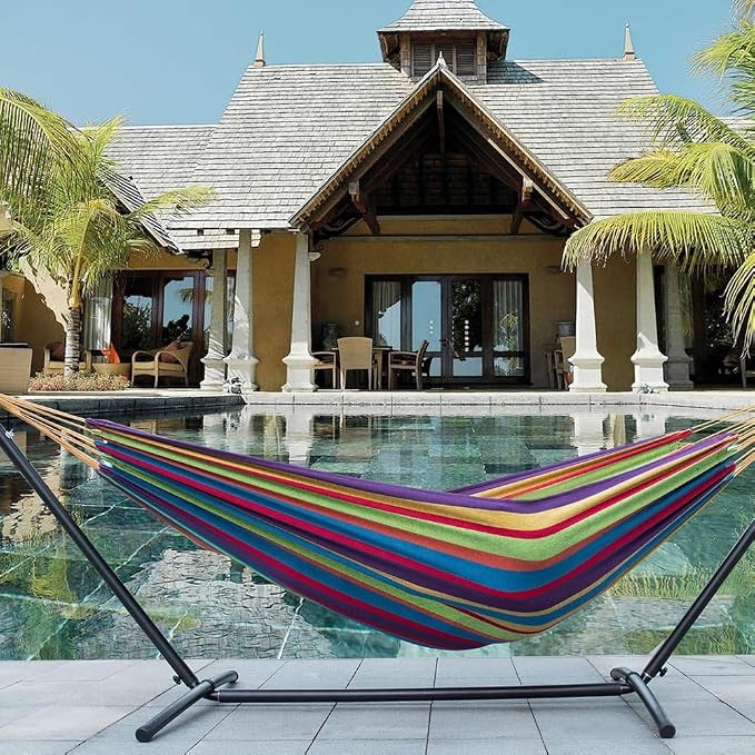 Lazy Daze Portable Hammock with Stand, Free Standing Hammocks for Indoor Outdoor Patio Yard, Has a Carrying Bag and Pillow, 9ft Hamacas Heavy Duty 2 Person Amaca 450 lbs Capacity(Purple Stripes)