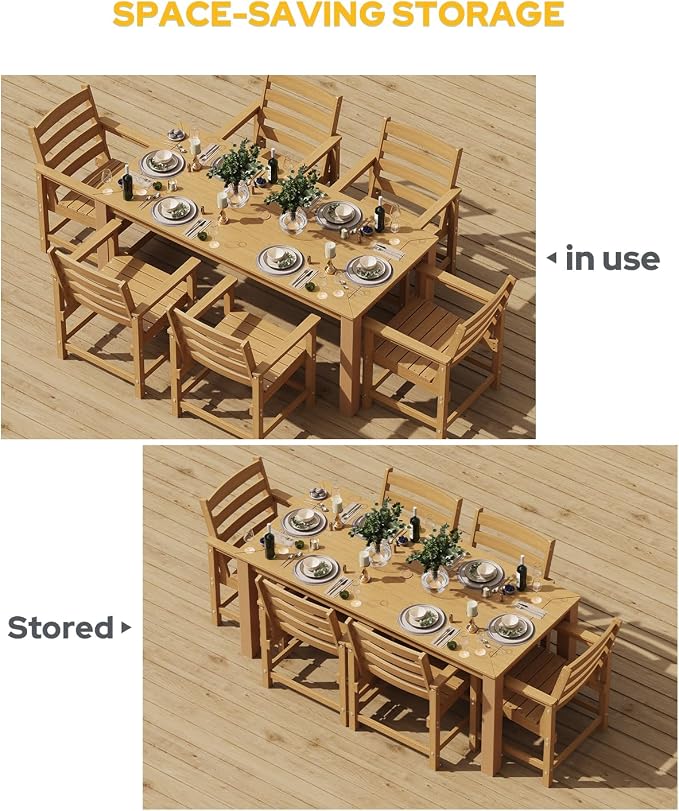 Outdoor HDPE Dining Table Set 7-Piece, All-Weather Outdoor Table and Chairs with Umbrella Hole Cut-Out, Patio Furniture for Garden, Backyard, Deck (Teak)