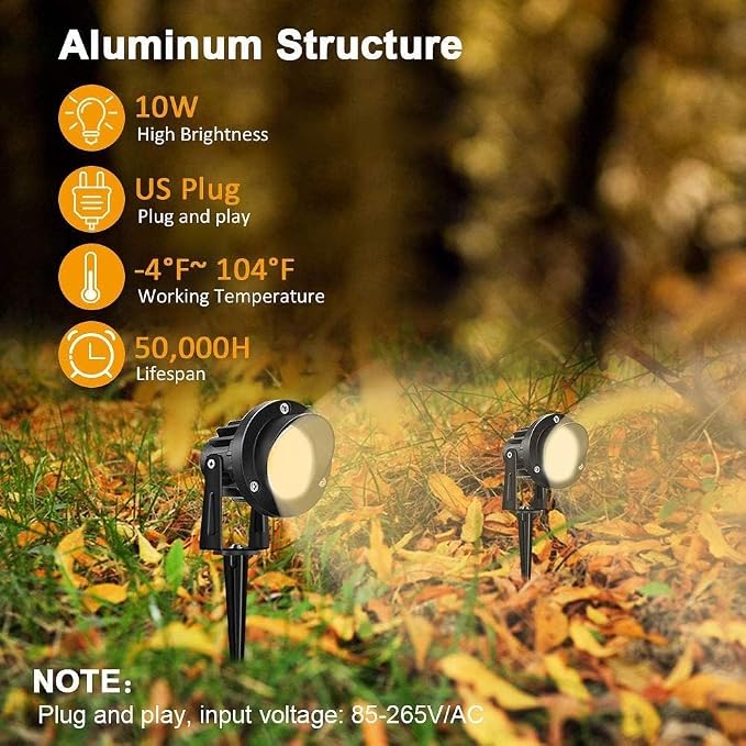 Romwish 10W Landscape Lighting, 120V Plug-in Outdoor Spotlights, 6 Pack | 3000K Warm White, 1100LM Bright LED, IP65 Waterproof, 120V Plug and Play, Adjustable 270° Beam for Yard Garden Lawn Tree