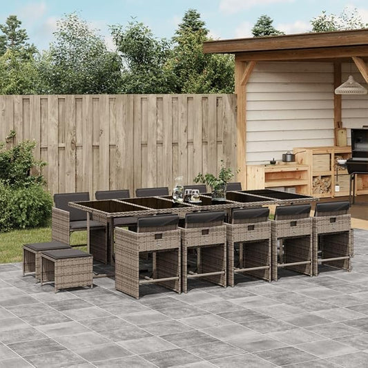 15 Piece Patio Dining Set, 14-Seater Outdoor Rattan Furniture with Cushions, Foldable Chairs & Stools, Gray PE Wicker Garden Table Set