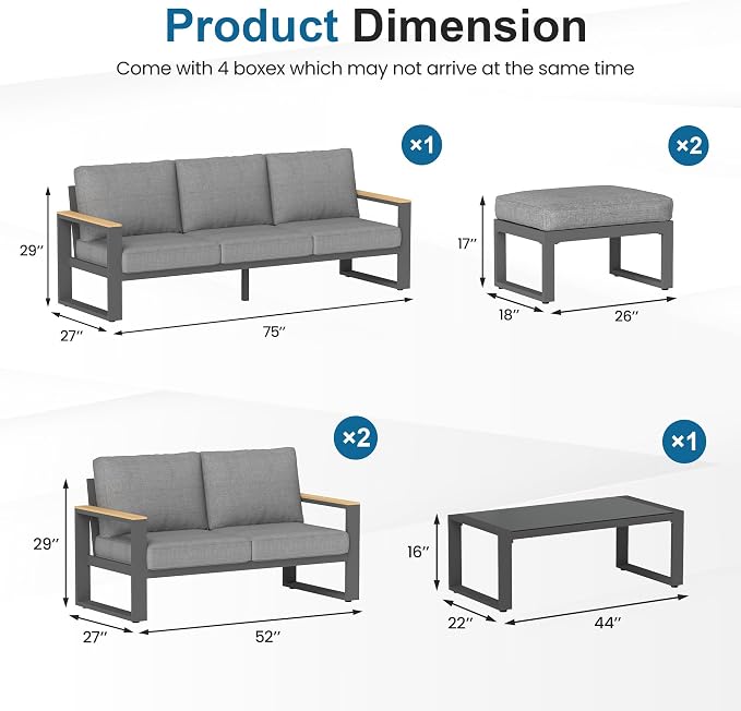 Aluminum Outdoor Patio Furniture Set with Height-adjustable Footrest for Lawn Porches Patio, 7 Piece All-weather Patio Sofa Sets with Coffee Table & Ottomans, Outdoor Patio Conversation set, Grey