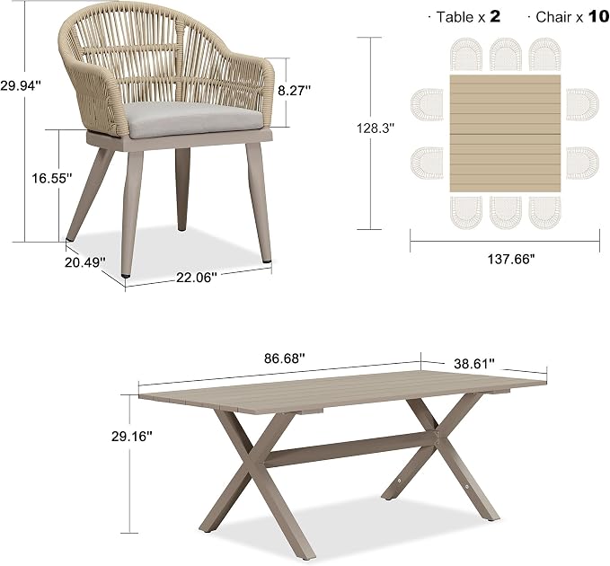 PURPLE LEAF 12 Pieces Patio Dining Set with Outdoor Aluminium Dining Table and Woven Chairs Modern Metal Furniture Cushions Sets for Garden Yard Indoor Decor Kitchen Champagne