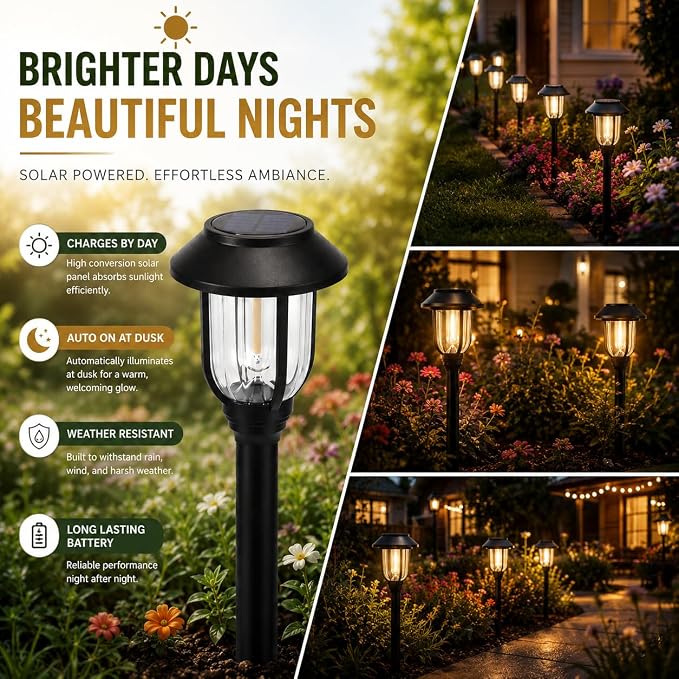 Solar Pathway Lights Outdoor 8 Pack, Warm White Solar Path Lights, Waterproof Energy Efficient Landscape Lights Decorative Auto On/Off, Solar Garden Lights for Yard Walkway Driveway Patio