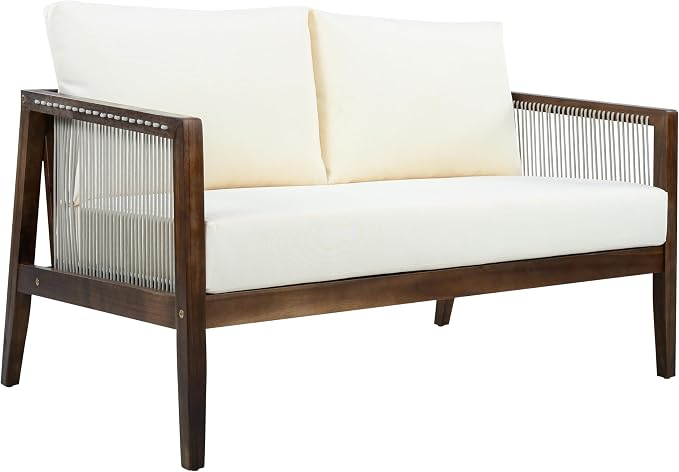 Christopher Knight Home Lalulu 4-Seater Patio Furniture Set with Cushion, 4 Piece Outdoor Acacia Wood Conversation Set, Sold Wood Outdoor Sectional Sofa Set with Coffee Table, Dark Brown+Beige