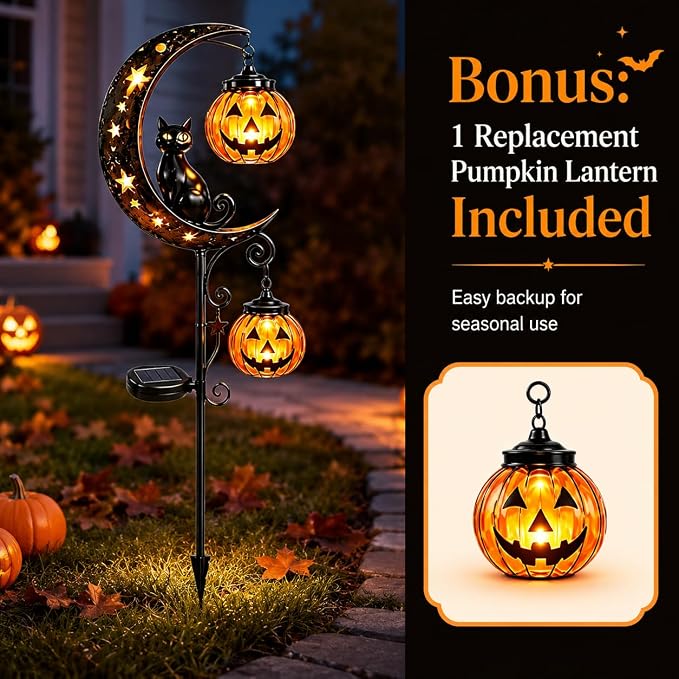 Solar Halloween Black Cat & Pumpkin Moon Garden Stake Light, Outdoor Waterproof LED Yard Decoration with Crescent Moon, Hanging Jack-o'-Lantern Lantern for Garden, Patio, Walkway, Porch(Style C)