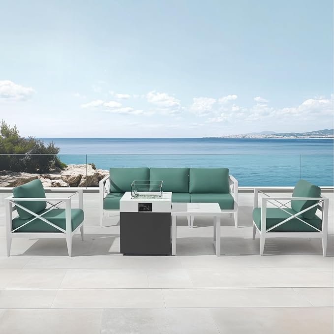 Outdoor Aluminum Patio Furniture Set, 5-Seats Patio Conversation Sofa Set with 37,000 BTU Fire Pit Table w/Glass Wind Guard, All Weather for Pool, Balcony, Garden-White