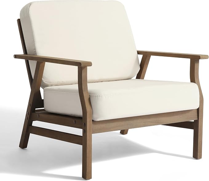 3 Piece Wood Patio Chair Outdoor Bistro Set, Outdoor Armchair All Weather Patio Sofa Furniture Backyard Conversation Sets with Wooden Side Table, Beige