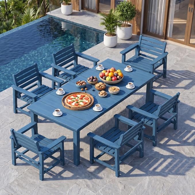 7-Piece Outdoor Dining Set with 75.2" Table for 6,Navy Blue | HDPE material, umbrella hole design, weather-resistant furniture, perfect for garden, lawn, poolside, yard, balcony, deck