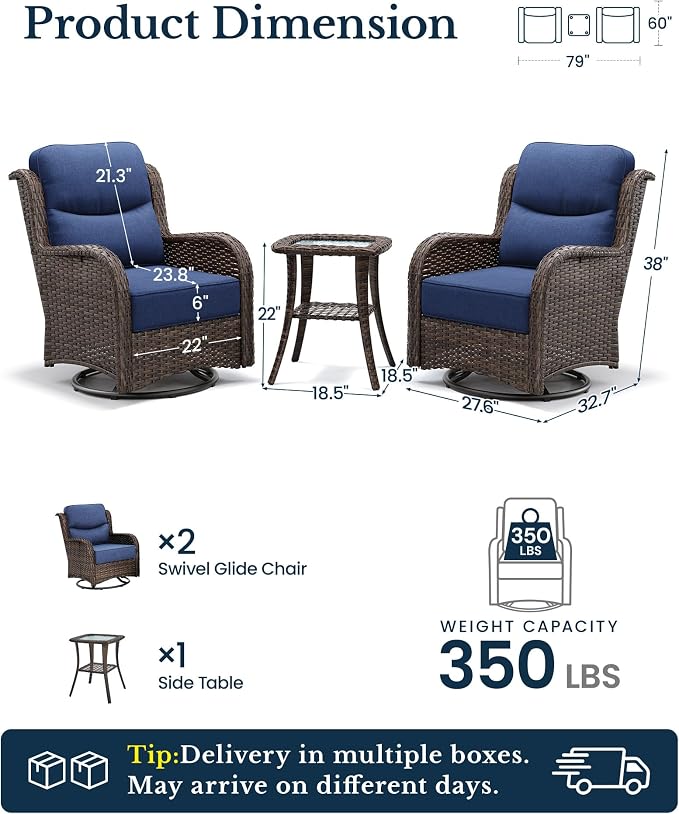 HILLGA 3-Piece Luxury Patio Furniture Set with 6" Thick Cushions, Weather-Resistant Wicker High Back Swivel Rocker Chairs, Senior-Friendly Conversation Set for Small Porch, Deck and Sunroom, Blue(V2)