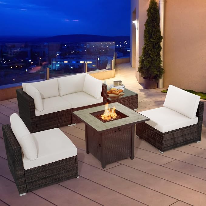 Tangkula 6 Piece Outdoor Rattan Sofa Set with 30in Propane Gas Fire Table, Ceramic Fire Tabletop, 50,000 BTU Heat Output, Cushions & Fire Pit Dust Cover, Patiojoy Weatherproof Wicker Set (Off White)