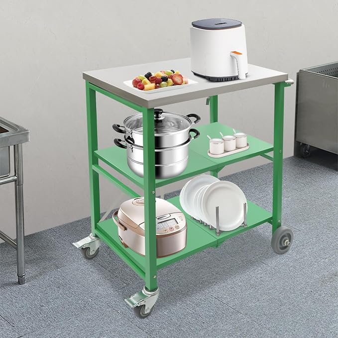 Foldable Outdoor Grill Table with 2 Total Lock Casters, Stainless Steel Pizza Oven Stand, 3 Shelf Folding Kitchen Island, Green, 27.6 x 18.5 (Silver, Green)