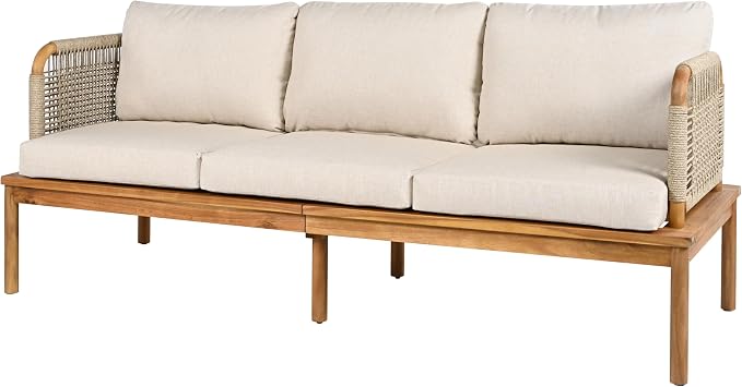 JIVOIT 4-Piece Acacia Wood and Rope Patio Sofa Set, Outdoor Conversation Set with Acacia Wood Coffee Table and Ottoman, Club Chair for Backyard Porch Garden Balcony