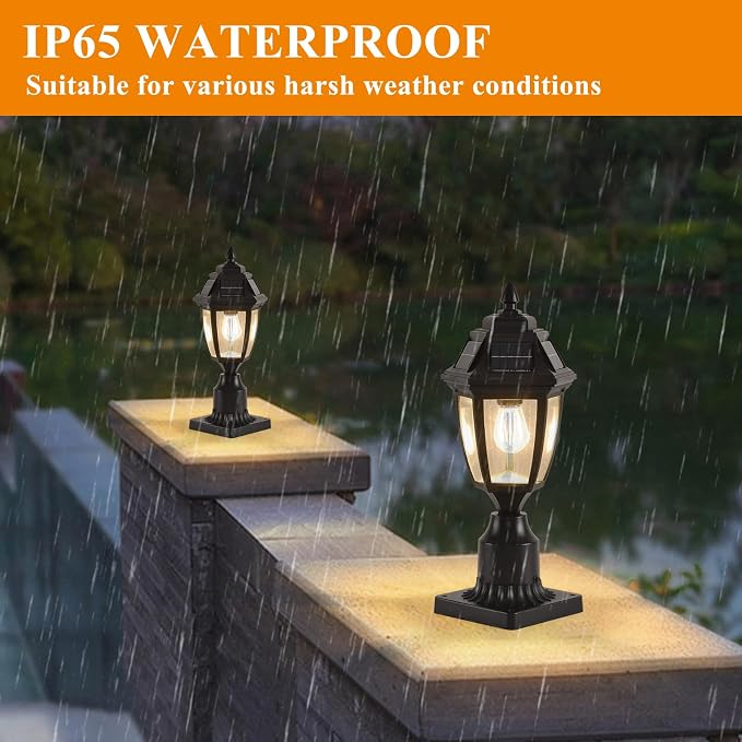 Solar Outdoor Post Lights 2 Pack, Dusk to Dawn Column light with Base | Dusk to Dawn Outdoor Post Light Fixtures, Black Exterior Solar powered Pole Light for Outside Porch Yard Pathway Driveway