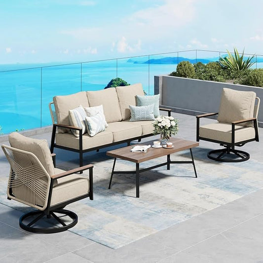SUNSHINE VALLEY 4 Piece Patio Furniture Set with Swivel Chairs, High Back Rope Rattan Outdoor Conversation Set with Extra Thick Cushion and Coffee Table for Lawn Garden Backyard and Deck