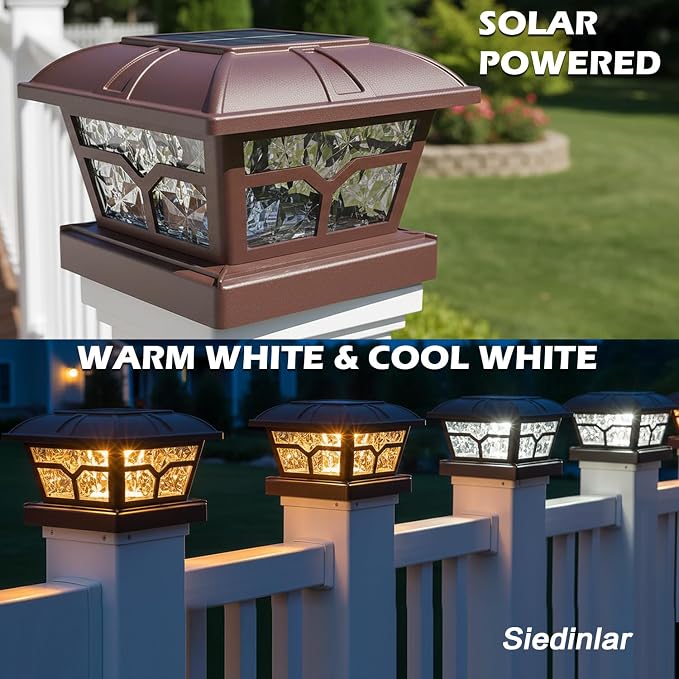 SIEDiNLAR Solar Post Cap Lights Outdoor 2 Color Modes 8 LEDs for 4x4 5x5 6x6 Posts Fence Deck Patio Decoration Warm White & Cool White Lighting Brown (4 Pack)