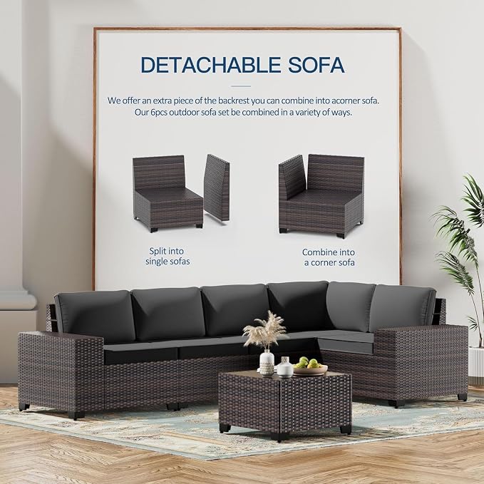 Kullavik Outdoor Patio Furniture Set 6 Pieces Sectional Rattan Sofa Set Brown PE Rattan Wicker Patio Conversation Set with 5 Seat Cushions and 1 Tempered Glass Table,Black