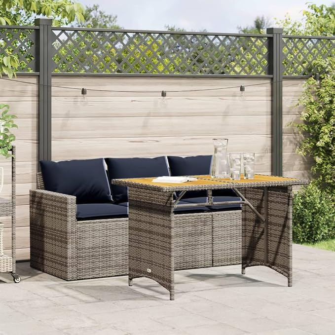 2 Piece Patio Dining Set with Cushions Gray Poly Rattan Outdoor Bistro Table and 3-Seater Sofa Set for Garden Backyard Deck, UV-Proof Acacia Wood Top, Removable Washable Cushion Covers