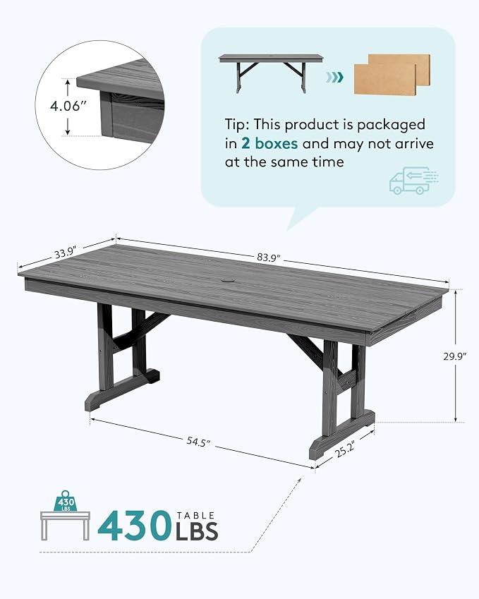 SERWALL Outdoor Dining Table, 84" Rectangular Dining Table for 6-8 Person, All Weather HDPE Outdoor Furniture for Backyard, Garden, Gray
