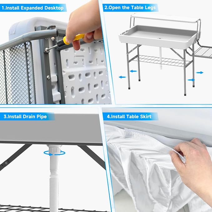 Ice Cooler Folding Table with Metal Side Desktop, Double-Layer Party Chilling Table with Drain and Detachable White Skirt to Keep Drinks Cool, Ice Bar for Weddings, Outdoor, Picnics，Pool