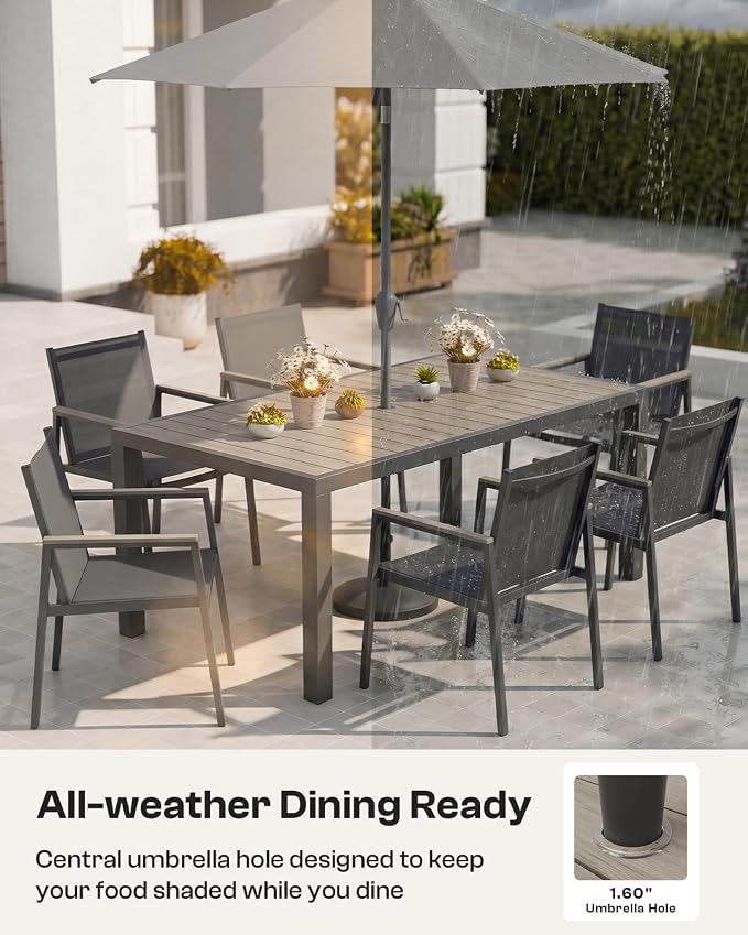 Outdoor Dining Set for 4, Aluminum Patio Table and Chairs Set, 5-Piece All Weather Patio Dining Furniture Set with Umbrella Hole for Backyard, Deck, Poolside (Gray)