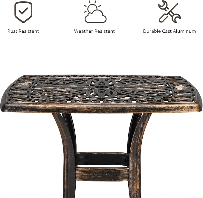 Cast Aluminum Outdoor Patio End Table,21.3" Cast Aluminum Outdoor Side Table, All Weather Patio Side Table End Table for Patio, Porch, Deck, Garden, Bronze (Square)