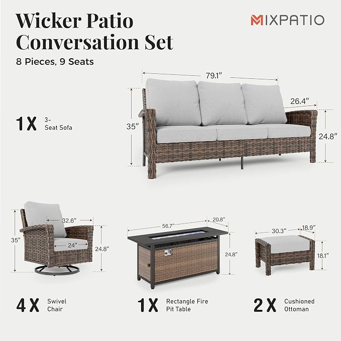 MIXPATIO 8-Piece Wicker Patio Furniture Set with 57'' Fire Pit Table, High Back Outdoor Furniture with Swivel Chairs and Ottoman, All-Weather Wicker Patio Conversation Set for Deck Yard Pool, Grey
