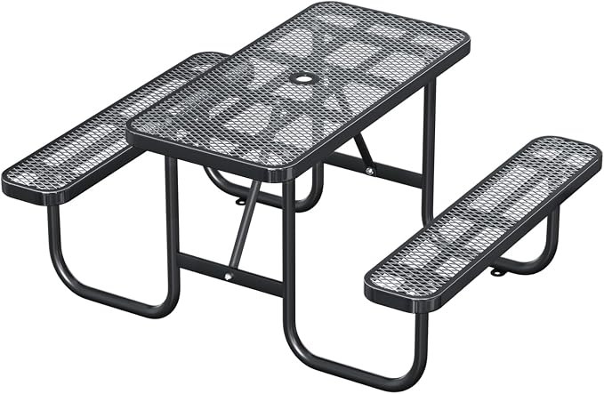 4FT Rectangular Outdoor Picnic Table and 2 Benches Set with Umbrella Hole, Metal Expanded Commercial Steel Heavy Duty Sturdy Picnic Tables Furniture Set for Yard Patio Lawn Party Coffee, Black