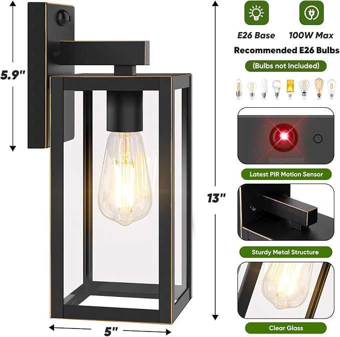 13" Upgraded Motion Sensor Outdoor Wall Light Fixture, Bronze | Auto ON/OFF, 3 Lighting Modes, Waterproof, Rust-Resistant, Durable Metal & Clear Glass, Standard E26 Sockets, Easy to Install