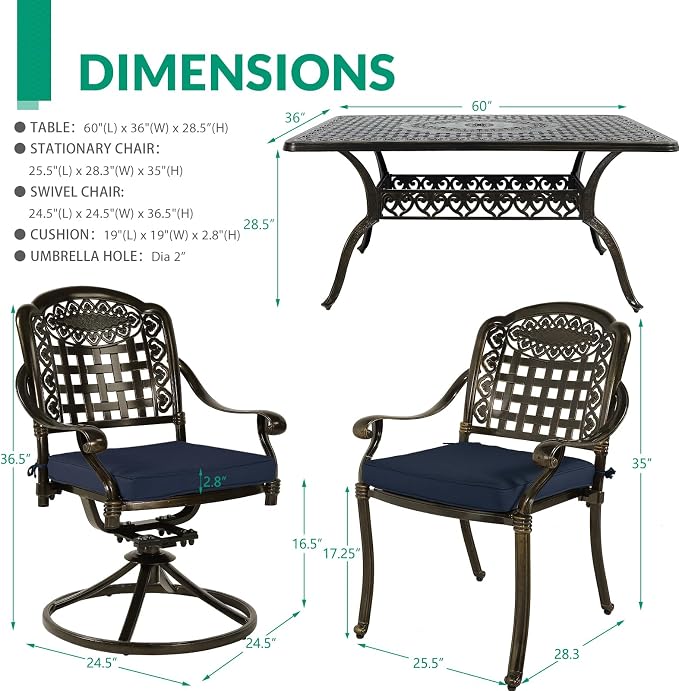 VIVIJASON 7-Piece Patio Furniture Dining Set, Outdoor Cast Aluminum Conversation Set, Include 4 Stationary Chairs, 2 Swivel Dining Chairs and a Rectangle Table with 2" Umbrella Hole, Navy Blue Cushion