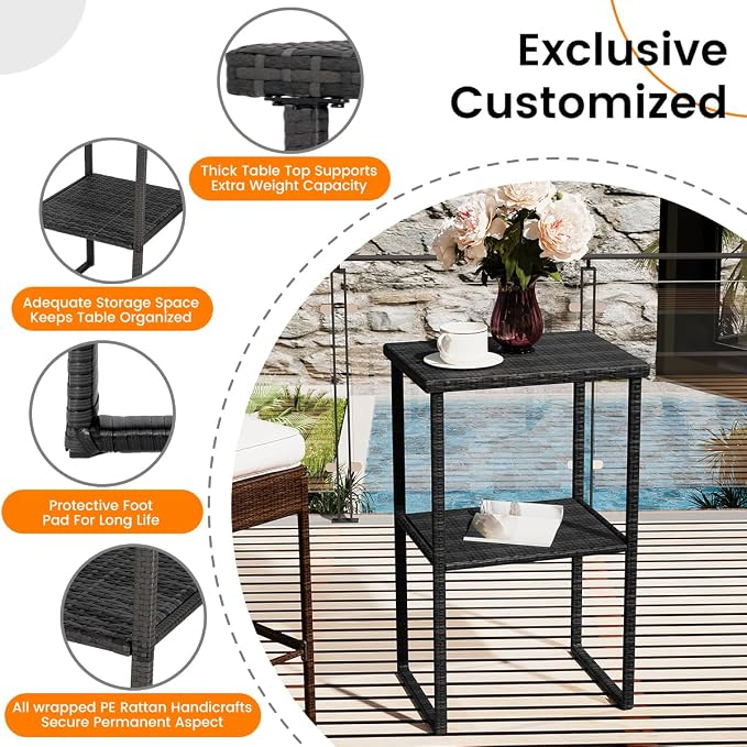 Sundale Outdoor Wicker Bar Table, 36 Inch Counter Height Patio High Top Dining Table, Rattan Bistro Pub Table with Storage Shelf for Deck Poolside Balcony Garden, Charcoal Gray