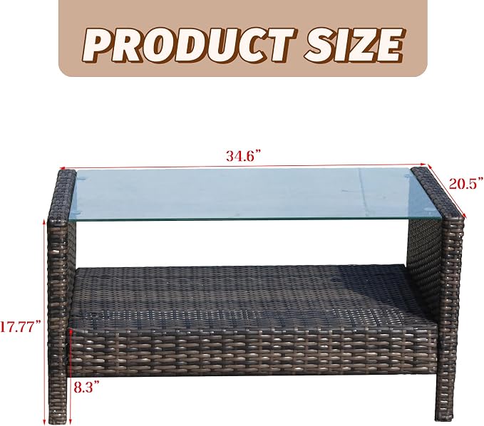 Outdoor Rattan Patio Side Tables, Wicker Table with Clear Tempered Glass Top, Patio End Tables with Storage Shelf, Outdoor Small Tables for Patio,Porch,Balcony,Backyard (Brown, 34.60 Inch)