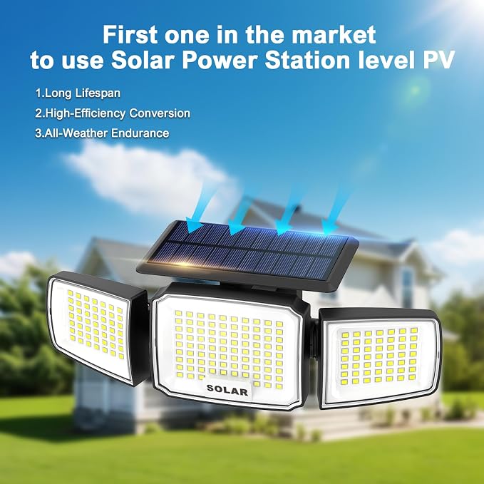 JEJOT Solar Security Light Outdoor,Solar Flood Light with Active Motion Sensor,3 Heads 270° Wide Angle,Remote Control,IP65 Waterproof, 3 Modes (2 Packs)