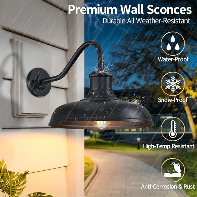 13.8'' Diameter Large Outdoor Gooseneck Barn Light 2 Packs, Black | Outdoor Wall Sconce Farmhouse Exterior Lighting Fixture Industrial Outside Lantern for Porch, Garage (No Sensor)