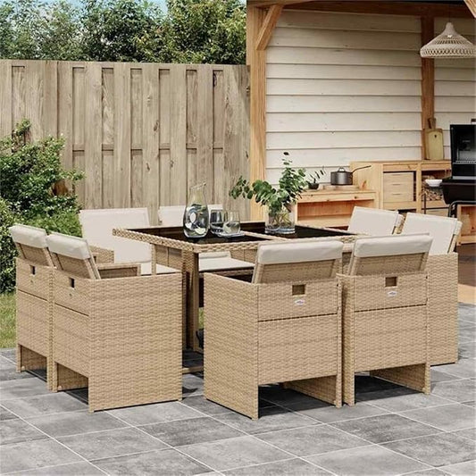 Afuera Living 9 Piece Patio Dining Set, Black and Beige Woven Design, Tempered Glass Table, Powder-Coated Finish, UV Resistant, Foldable Chairs with Washable Cushions, Outdoor Garden Furniture for 8