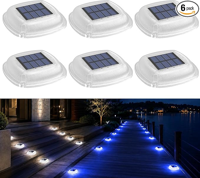Solar Deck Lights Outdoor, Waterproof Solar Driveway Lights | 6 Pack 2 Colors in 1 Solar Ground Lights Stake & Screw Installation for Lawn Driveway Sidewalk Pathway (White/Blue)