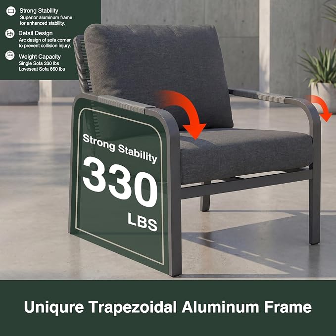 7 Piece Aluminum Patio Furniture Set, Outdoor Conversation Set with 3-Seat Sofa, 4 Chairs & 2 Coffee Tables, Cushioned Patio Seating for Backyard, Garden, Balcony, Grey