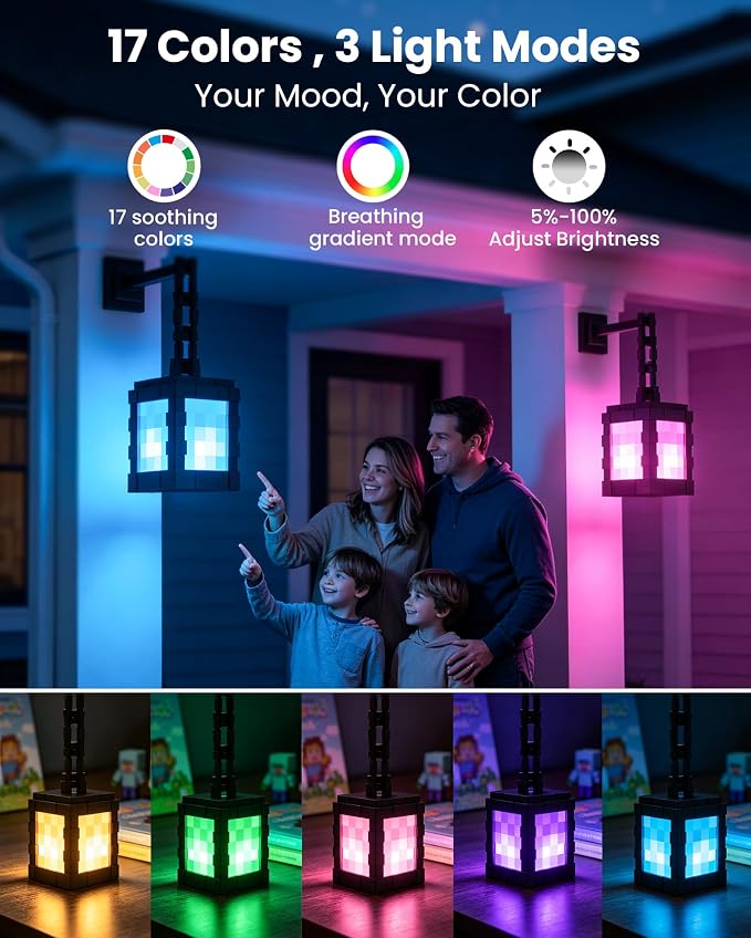 Pixel Solar Lanterns Outdoor, USB-C & Solar Hanging Light for Patio Decor | 17-Color RGB Table Lamp with Remote & Timer, IP66 Waterproof, Decor for Yard Garden Porch & Winter Camping, Gift for Gamers