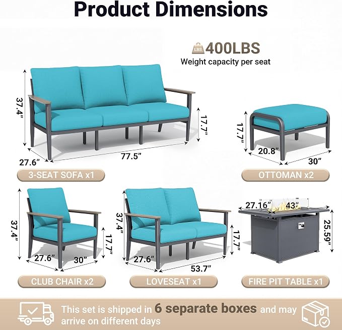 Aluminum Outdoor Patio Furniture Set, 7-Piece Sectional Sofa with 5.1" Thick Cushions, Ottomans, 55,000 BTU Propane Fire Pit Table, Outdoor Couch for Backyard, Deck, Blue
