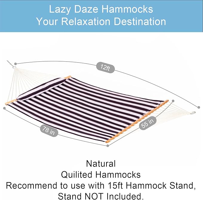 Lazy Daze 12 FT Quilted Double Hammock with Spreader Bar, 2-Person, 450 lbs Capacity, Brown White