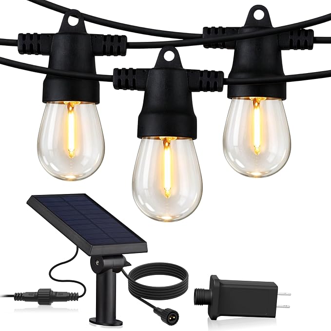 Brightech Ambience Hybrid Outdoor String Lights - Dual Plug and Solar Powered Waterproof LED Light String for Outside - 48 Ft, Soft White Edison Bulbs, for Camping, Patio, Cafe, Yard, Porch