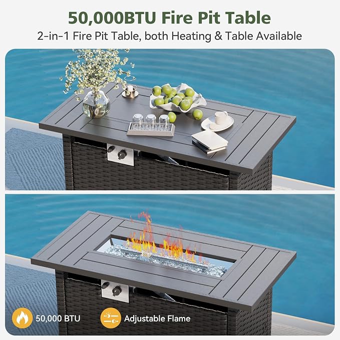 Aoxun 14 Piece Outdoor Patio Furniture Set with 44'' Fire Pit Table, Wicker Rattan Outdoor Furniture with High Back Swivel Rocker Chairs, Outdoor Sofa Set with Thick Cushion & Side Table, Peacock Blue