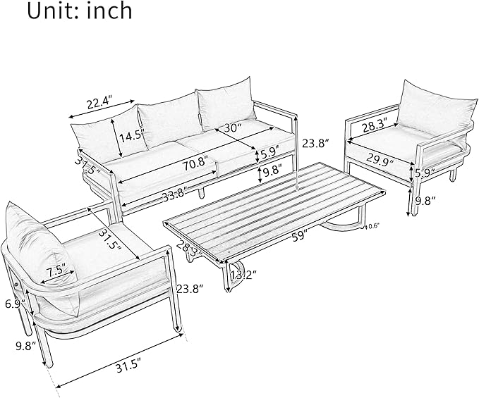 VilroCaz 4-Piece Outdoor Steel Sofa Set, All Weather Patio Conversation Set with 1 Love Sofa, 2 Single Sofas, Coffee Table, Waterproof Cushions, Suitable for Backyard, Poolside Gardens (Beige-Z)