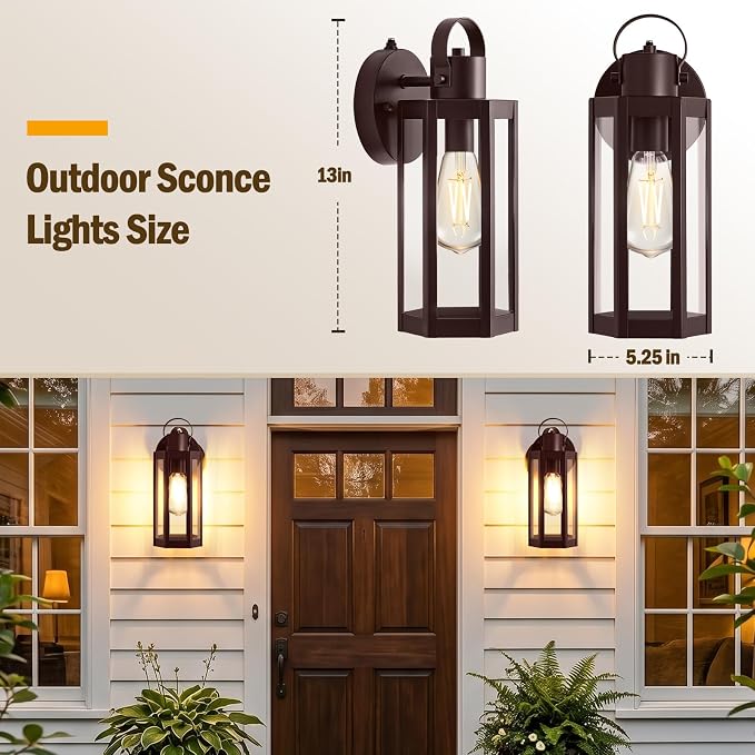 EJIAXIN 2 Pack Dusk to Dawn Outdoor Lighting Fixtures,Brown Porch Lights | 13" Waterproof outdoor lights for house, Clear Glass, Modern Outdoor Lights for House for Patio Front Door Entryway Garage