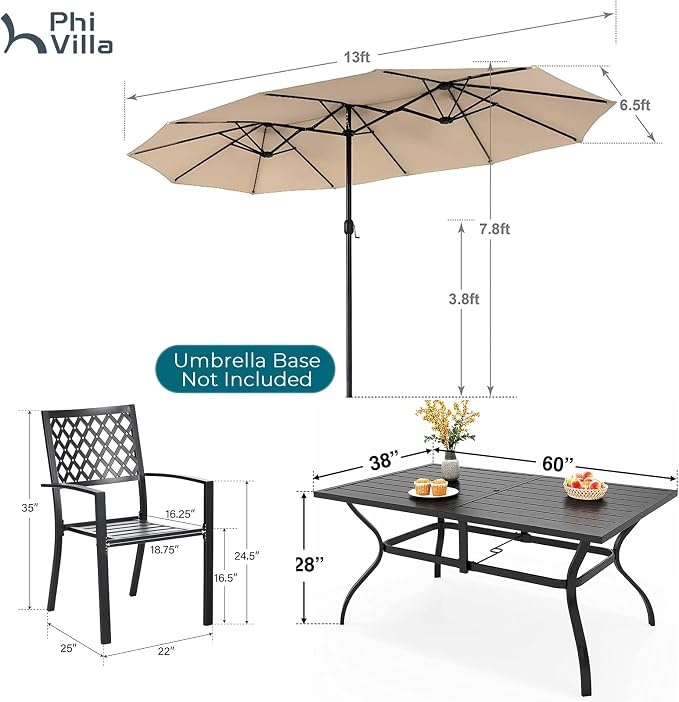 PHI VILLA 8 Pcs Patio Dining Set w/ 13ft Double-Sided Patio Umbrella(Beige) | Metal Outdoor Table Furniture Set with 6 Outdoor Stackable Chairs, 1 Rectangle Dining Table and 1 Large Beige Umbrella