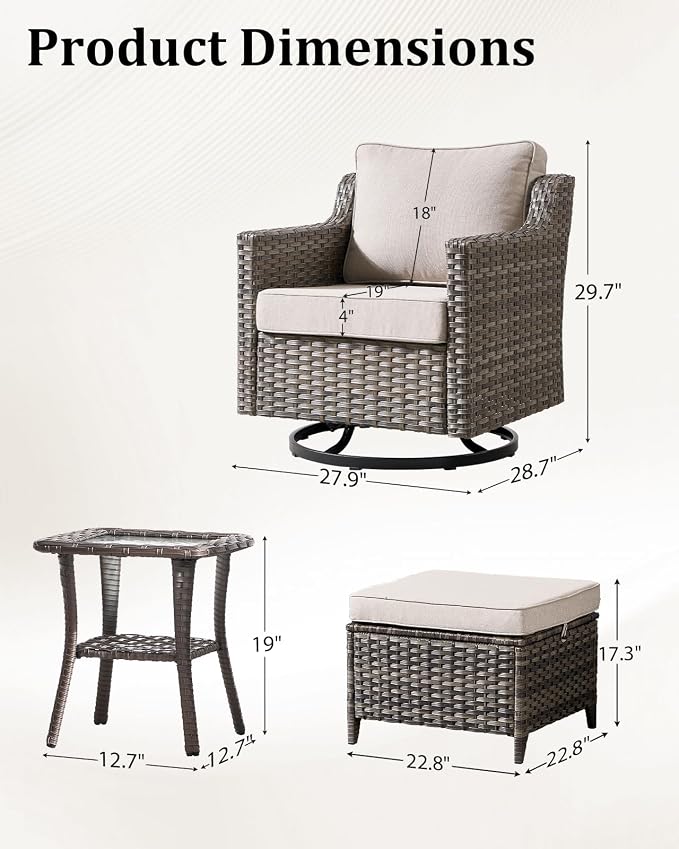 Outdoor Furniture Set of 5, Patio Furniture Set with Wicker Swivel Rocker Chairs, Ottomans and Side Table, High Back&Deep Seat for Garden Deck Porch Balcony Backyard - Beige