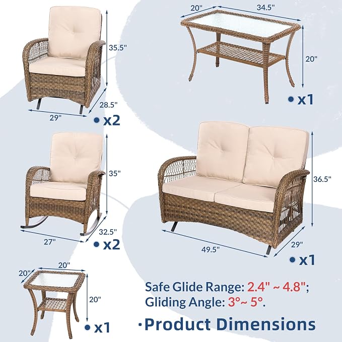 7-Piece Wicker Patio Furniture Sets Outdoor All-Weather Rattan Conversation Set Includes Glider Loveseat, 2 Glass-Top Coffee Tables, 2 Glider-Rocker Chairs for Porch Backyard, Light Brown